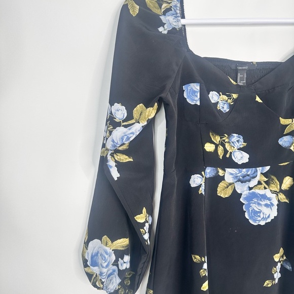 Forever 21 Dress Womens L Black Long Bishop Sleeve Floral. Side‎ zip - Picture 3 of 8